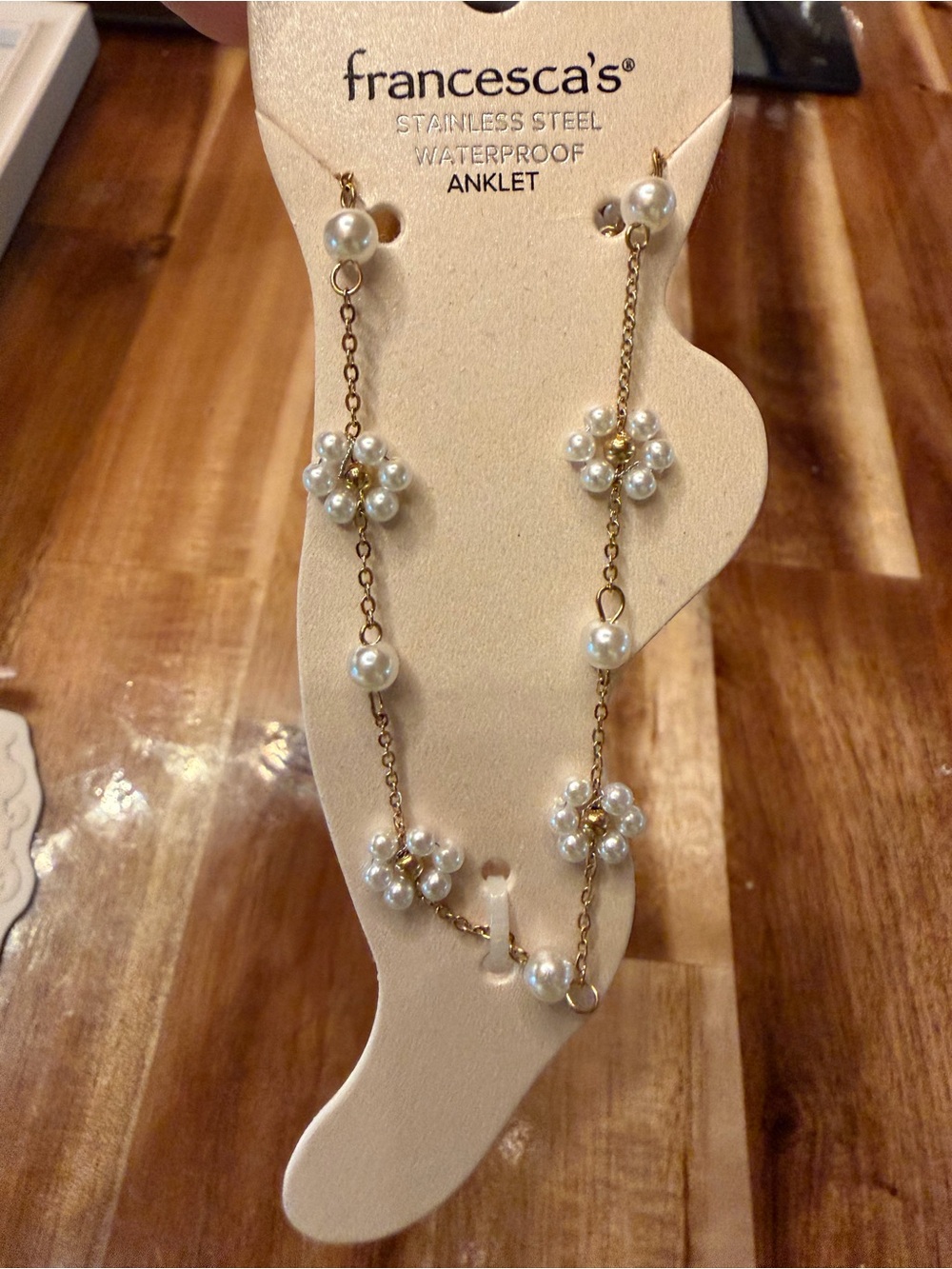 Francesca's Collections Gold Chain Anklet with White Pearl Clusters